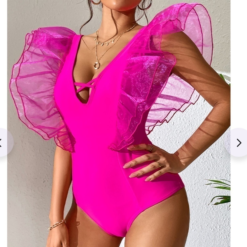 SPORLIKE Neon Pink Mesh Ruffle One Piece Swimsuit - Picture 2 of 8